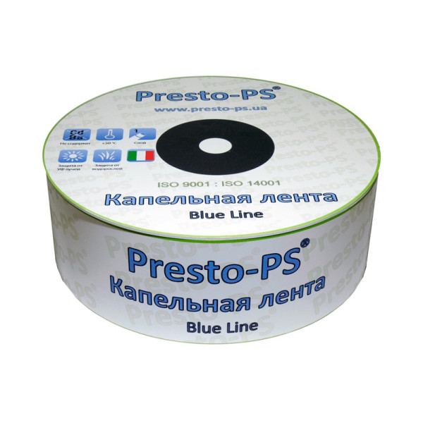 Крапельна стрічка Presto-PS щілинна Blue Line отвори через 10 см, витрата води 1,4 л/год, довжина 500 м (BL-10-500)