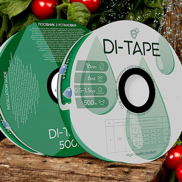 Крапельна стрічка емітерна Di-Tape 8 mil крапельниці через 10 см витрата 1,4 л/год, довжина 500 м (DI-10-8m-500)