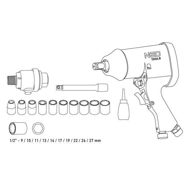 Ударний пневматичний гайковерт NEO Tools 14-502, 1/2", 314 Нм, комплект головок 9–27 мм