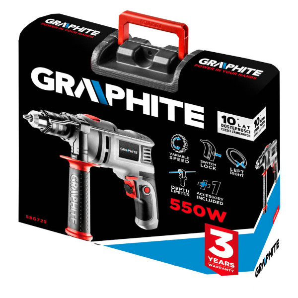 Ударна дриль GRAPHITE 550Вт (арт. 58G725) - 3000 об/хв, 48000 уд/хв, кейс у комплекті