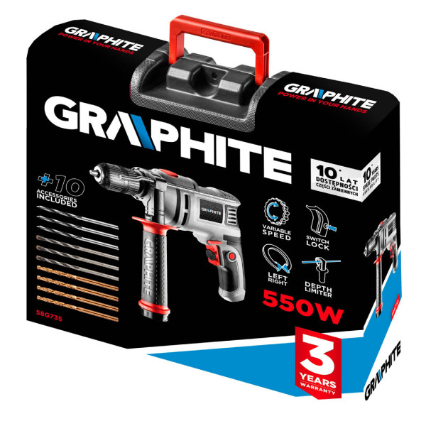 Ударна дриль GRAPHITE арт. 58G735, 550 Вт, 3000 об/хв, ударний режим 48000 уд/хв