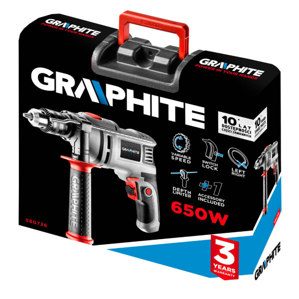 Дриль ударна GRAPHITE арт. 58G726 650 Вт, 3000 об/хв, 48000 уд/хв, з кейсом