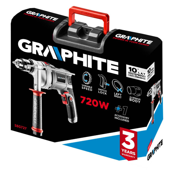 Дриль GRAPHITE арт. 58G727 720W з ударом 48000 уд/хв, реверс, кейс в комплекті