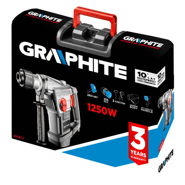 Перфоратор SDS MAX GRAPHITE 58G874, 1250 Вт, 10 Дж, 2 режими, з кейсом