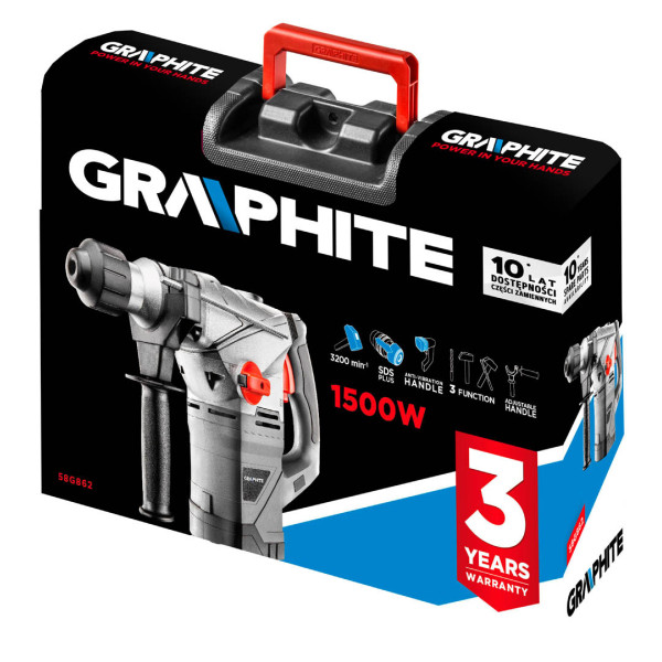 Перфоратор GRAPHITE 58G862, 1500 Вт, 3 режими, енергія удару 4.5 Дж, SDS+