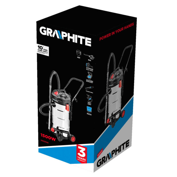 Професійний будівельний пилосос GRAPHITE, потужність 1500 Вт, бак 40 літрів