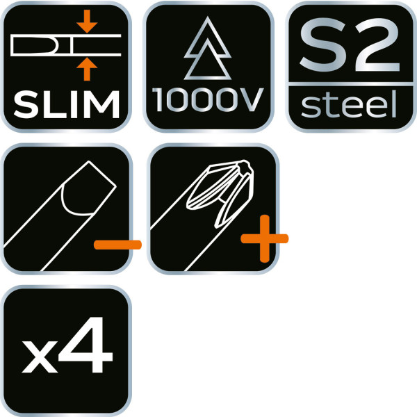 Набір діелектричних викруток NEO 04-144, 1000 В, 4 штуки, Slim Fix, сталь S2