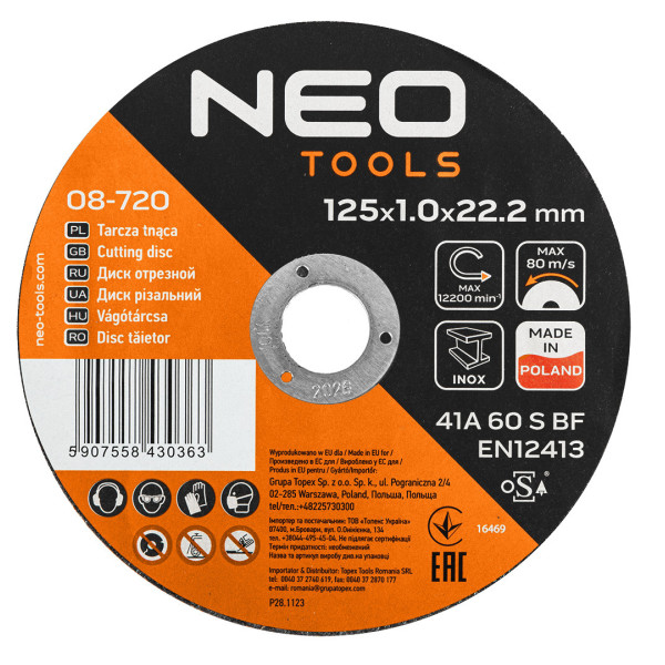Відрізний круг NEO TOOLS 08-722 для металу та INOX, 125x1,0x22,2 мм, 100 шт у відрі