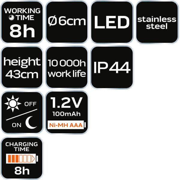 Садовий світильник NEO TOOLS 99-113, сонячна батарея, LED 8000K, 43x6 см