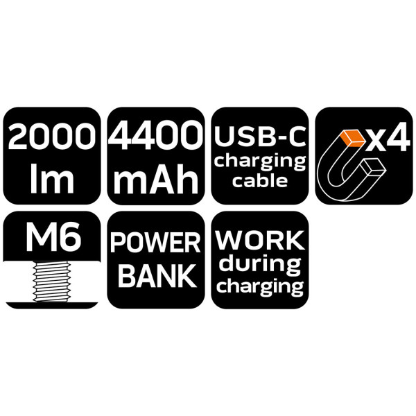 Акумуляторна робоча лампа NEO TOOLS 99-125, 2000 лм, COB + SMD, магнітне кріплення, павербанк