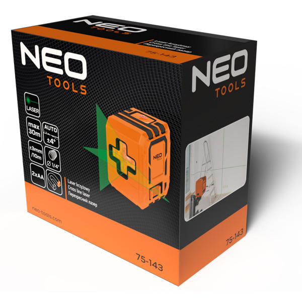 Лазерний хрест NEO TOOLS 75-143, 30 м, зелений промінь, з кейсом та магнітним держачем